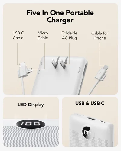 Miniatura 3 de VRURC Cargador portátil con cables y enchufe de pared Banco de energía con cables Cargador portátil de 10000mAh con enchufe AC Paquete