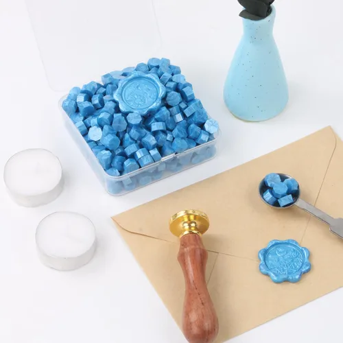 Miniatura 5 de Juego de 300 cuentas de cera de sellado azul cielo para sello de cera con velas y cuchara de fusión, perfecto para tarjetas de Navidad, sobres