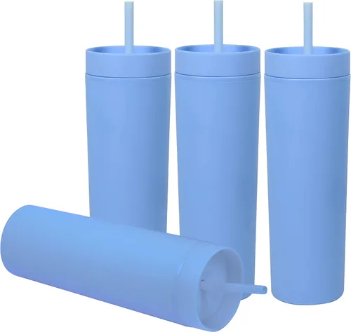 Miniatura 8 de SKINNY TUMBLERS - Paquete de 4 vasos de acrílico color pastel mate con tapa y popote, perfecto para el hogar, fiestas, viajes, vaso de plástico Negro