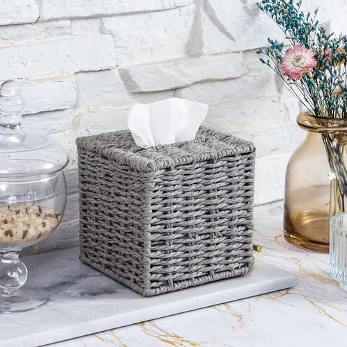Miniatura 3 de MyGift Caja de pañuelos cuadrada gris con tapa – Soporte decorativo de ratán Kleenex, soporte de tejido para papel higiénico, baño, dormitorio, sala