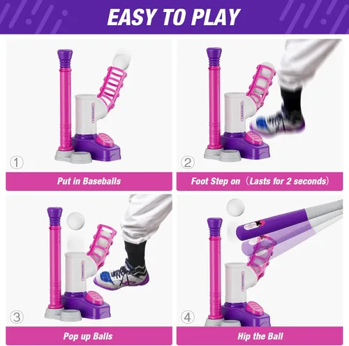 Miniatura 4 de HYES Juego de Tball para Niños Pequeños de 3-5 Años, Set de Pelota con Máquina de Lanzar de Pedal/Tee de Bateo Ajustable/Bate de Béisbol Retráctil/8