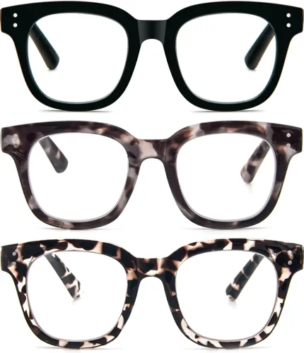 REAVEE Paquete de 3 lentes de lectura retro de gran tamaño para mujer, bloqueo de luz azul, lindos, cuadrados, para lectura de computadora, bisagra