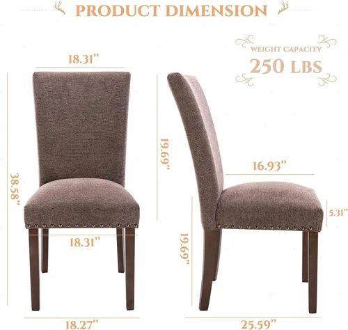 Miniatura 3 de Juego de 2 sillas de comedor Parsons, sillas tapizadas con cabeza de clavo para comedor y cocina con cojines gruesos y patas de madera, color marrón