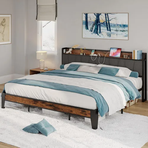 Miniatura 9 de LIKIMIO Base de cama California King, cabecera de almacenamiento con estación de carga, sólida y estable, sin ruido, no necesita somier, fácil