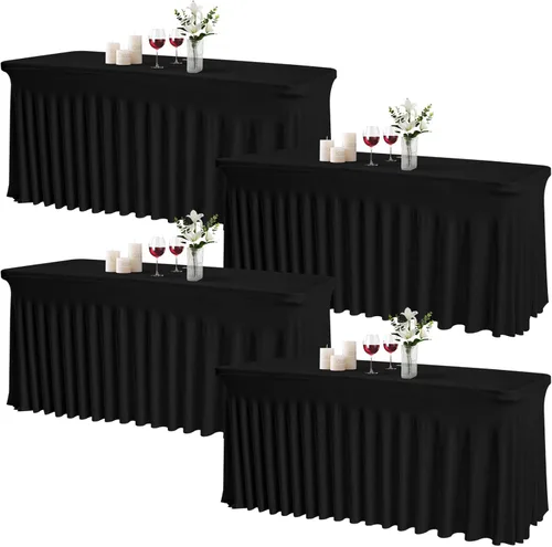 Miniatura 12 de JCJ Faldón de mesa para mesas rectangulares, manteles negros ajustados de spandex para mesas de 4 pies, faldones de mesa elásticos con volantes