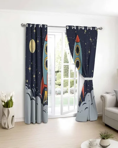 Miniatura 8 de Cortinas de 45 pulgadas de largo para sala de estar, dormitorio, oscurecimiento de la habitación, espacio exterior, exploración del espacio, cohete