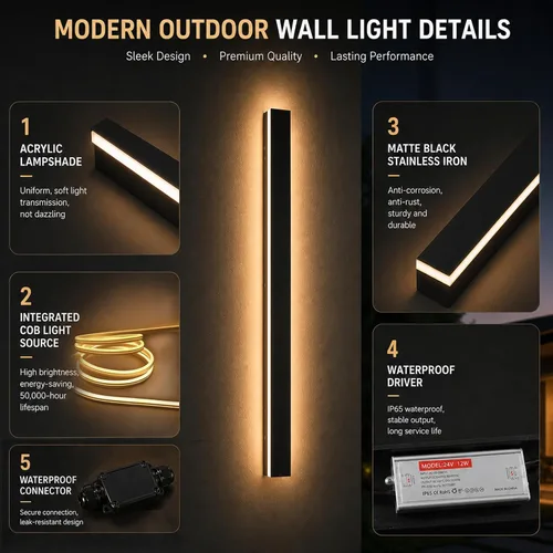 Miniatura 8 de Paquete de 2 luces de pared para exteriores de 39 pulgadas, montaje en pared, aplique moderno para exteriores, iluminación exterior lineal larga LED