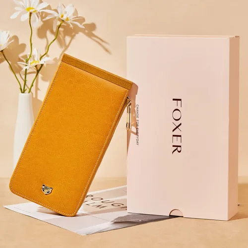 Miniatura 7 de FOXLOVER Cartera de cuero con bolsillo con cremallera para mujer con bloqueo RFID, Amarillo, Classic