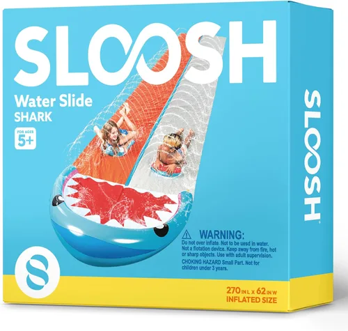 Miniatura 9 de Sloosh Toboganes acuáticos con 2 tablas inflables, tobogán de agua de doble carril de 22.5 pies con rociadores avanzados, juguete de verano