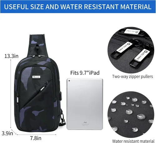 Miniatura 35 de DUSLANG Mochila de hombro para senderismo, bolsa cruzada para hombres, bolsas de pecho con puerto de cargador USB para campamento casual, ciclismo