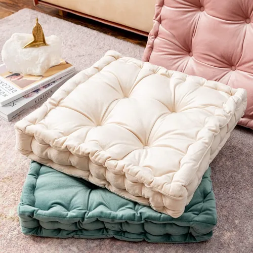 Miniatura 2 de Cojines cuadrados para asiento de suelo, cojín de asiento de silla de tatami de color sólido con asa, cojín de terciopelo portátil grueso para yoga