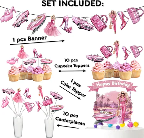 Miniatura 2 de Juego de suministros para fiesta de cumpleaños de muñecas, decoraciones temáticas de muñecas con decoración de pastel, pancarta, adornos