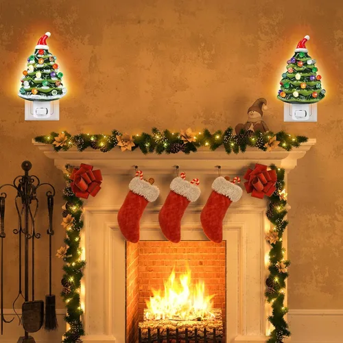 Miniatura 3 de Luz nocturna de cerámica para árbol de Navidad, paquete de 2 luces nocturnas de Navidad con enchufe de 6.3 pulgadas, árboles de Navidad de cerámica