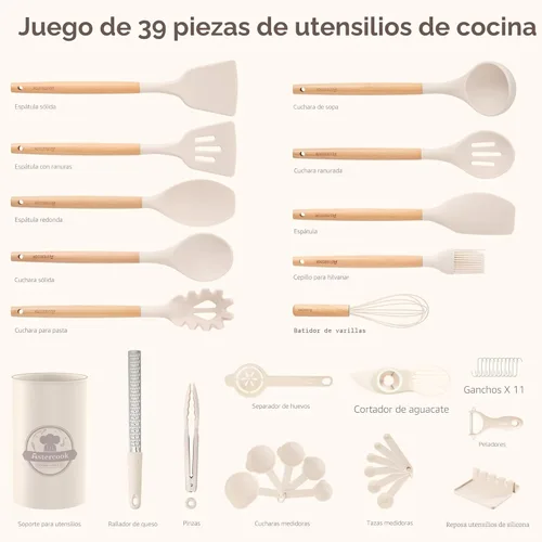 Miniatura 2 de Astercook Juego de utensilios de cocina, 39 piezas de utensilios de cocina de silicona con mango de madera, juegos de utensilios de cocina Crema