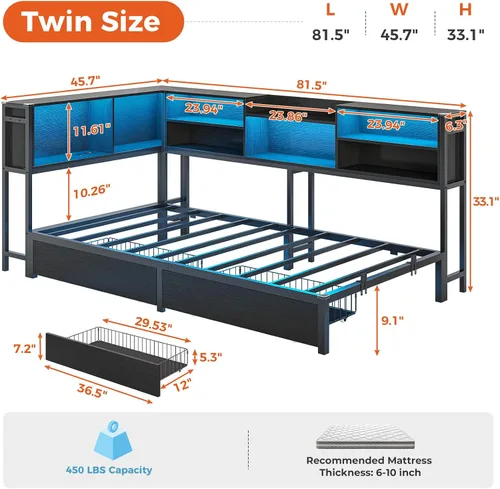 Miniatura 2 de DICTAC Marco de cama esquinero tamaño individual con almacenamiento y luces LED, plataforma de metal con 2 cajones y estación de carga, cama