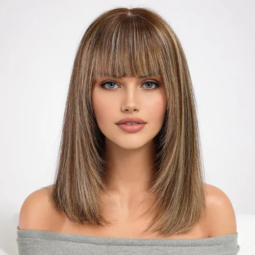 Miniatura 13 de KKU Pelucas de cabello humano de 16 pulgadas para mujer, peluca de cabello lacio en capas con flequillo, realismo natural, pelucas de cabello real
