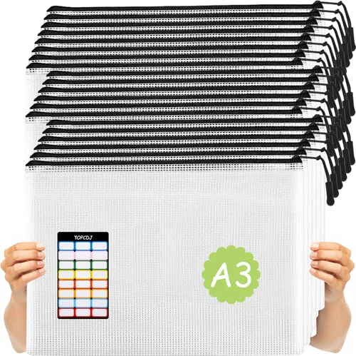 20 bolsas de malla con cremallera, tamaño A3 de 17 x 12 pulgadas, grandes bolsas reutilizables con cremallera para organizar el aula y el