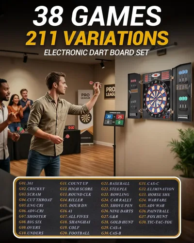 Miniatura 8 de WIN.MAX Electronic Dart Board, Soft Tip Dartboard Cabinet Set for Adults, LED Scoring Dartboard with 38 Games & 211 Variants, Up to 16 Players, 12