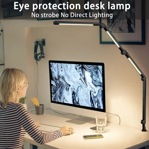 Miniatura 3 de Lámpara de escritorio LED con abrazadera y brazo flexible - 3 fuentes de luz, 4 modos de color y 5 niveles de brillo, luz de mesa para cuidar