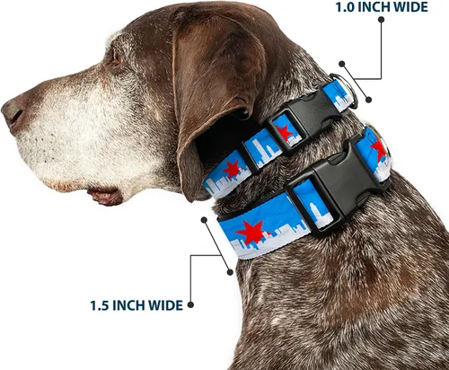 Miniatura 2 de Buckle-Down Collar de clip de plástico, diseño de Chicago Skyline/Flag Distressed Black/White/Red – 1 pulgada de ancho – Se adapta a cuello de 9 a