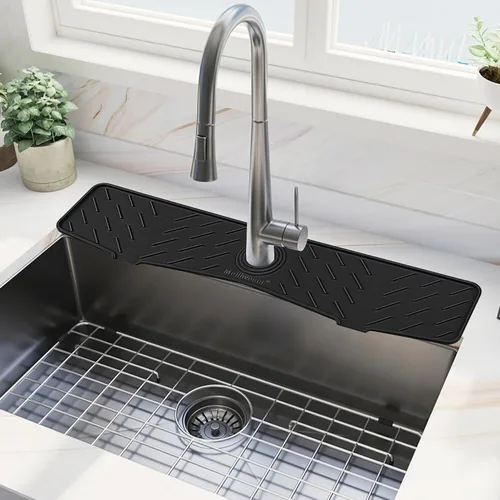 Miniatura 10 de Alfombrilla de Silicona para Grifo de Fregadero de Cocina – Gen 2 Protector contra Salpicaduras con Salida y Pendiente Mejoradas – 18" x 5.1" Negro