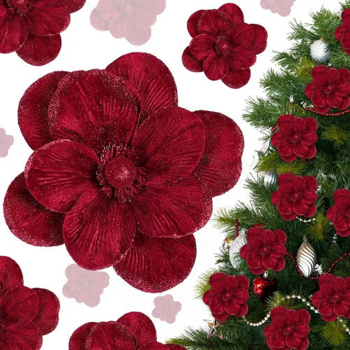 12 piezas de flores de pascua de Navidad grandes de terciopelo con cabezas grandes de flores de magnolia artificiales con purpurina para decoración,