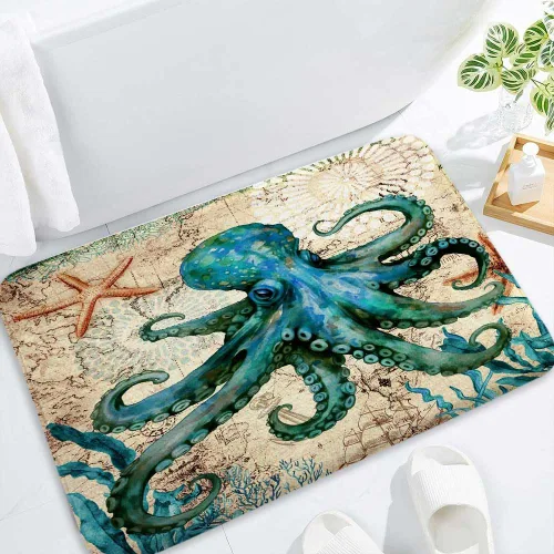 Miniatura 4 de Boziqr Alfombra de baño náutica vintage de pulpo, alfombra de baño retro océano playa, absorbente de agua, antideslizante, alfombra de ducha