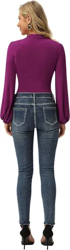 Miniatura 4 de Blusa entallada GRACE KARIN para mujer, diseño de manga acampanada, con cuello alto y frente fruncido.