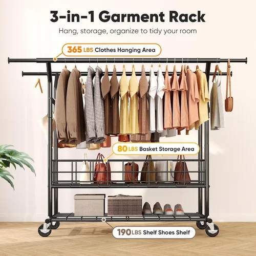 Miniatura 2 de HOKEEPER Perchero resistente con carga de 635 libras, perchero para colgar ropa, barra doble ajustable negra con cesta de metal, perchero portátil