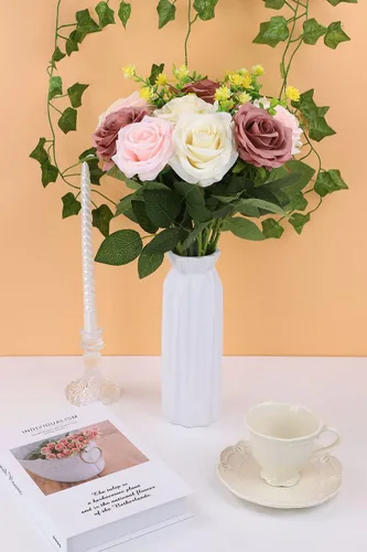 Miniatura 4 de Rosas artificiales, rosas artificiales, rosa falsa de seda, flores falsas de aspecto real con tallos para ramos de boda, mesas, centros de mesa