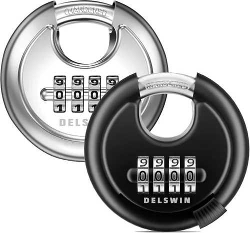 Miniatura 16 de DELSWIN Cerradura de combinación de disco de 4 dígitos para exteriores, candados de combinación resistentes con grillete de acero endurecido Negro 2