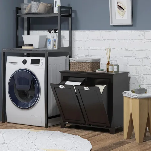 Miniatura 2 de HOMCOM Gabinete de lavandería con doble inclinación, armario de almacenamiento de baño con canasta de 2 compartimentos, gabinete de baño moderno