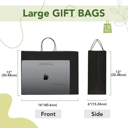 Miniatura 3 de MESHA Bolsas de regalo grandes de 16 x 6 x 12 pulgadas, 50 unidades, bolsas de papel negro con asas a granel, bolsas de compras de papel kraft