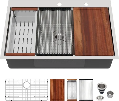Miniatura 32 de Logmey Fregadero de cocina negro 33x22 empotrable, estación de trabajo de fregadero de cocina, SUS304 calibre 16 acero inoxidable, tazón individual