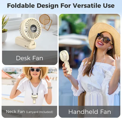 Miniatura 5 de Ventilador de mano plegable, ventiladores de mano recargables de 5000 mAh con potente refrigeración, 4 velocidades, pantalla LED, ventilador