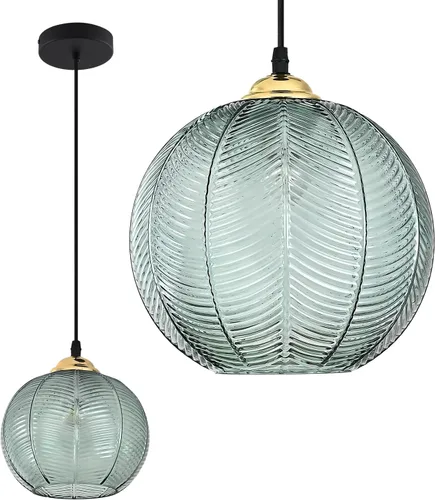 KCO Iluminación individual de cristal verde colgante de globo grande iluminación nórdica acanalada techo colgante lámpara vintage comedor cocina