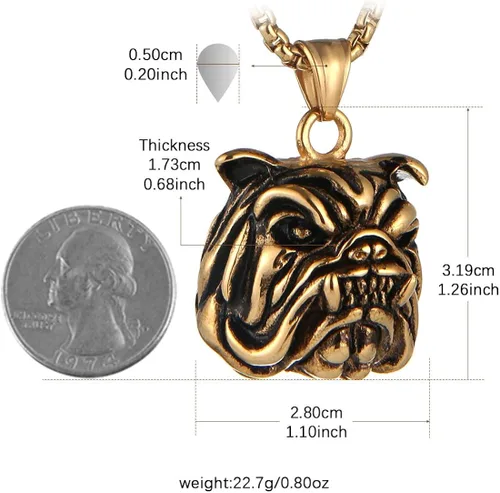 Miniatura 2 de AsAlways Colgante para mascotas de expresión feroz regalo chapado en oro collar de cabeza de bulldog de acero inoxidable 22+2 pulgadas cadena
