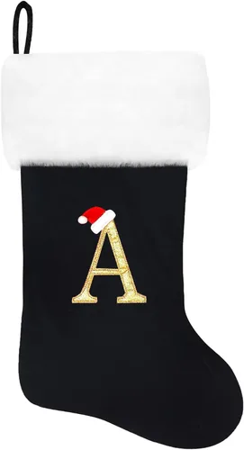 Calcetines de Navidad bordados de 20 pulgadas con monograma, terciopelo negro con puño de felpa blanca supersuave, adornos clásicos para decoración