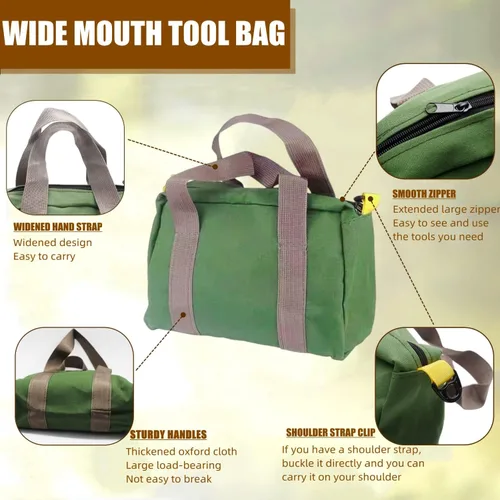 Miniatura 3 de BLIRITEL Bolsa de herramientas de boca ancha de 14 pulgadas, bolsa de almacenamiento de herramientas de lona resistente, bolsa de gran capacidad