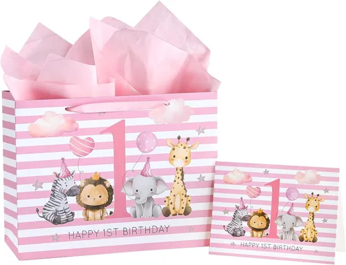 Miniatura 21 de WRAPAHOLIC Bolsa de regalo extra grande de 16" para bebé niña con tarjeta y papel de seda - Para baby shower, bebé recién nacido Jirafa bebé niña
