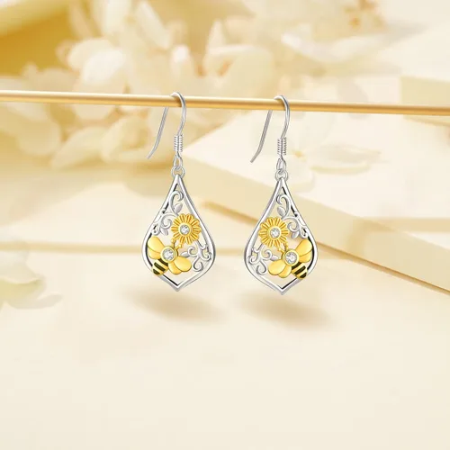 Miniatura 172 de Aretes colgantes de plata de ley con diseño de árbol de la vida, flor, abeja, animales, gato, colibrí, piedra lunar, turquesa, aretes con cierre