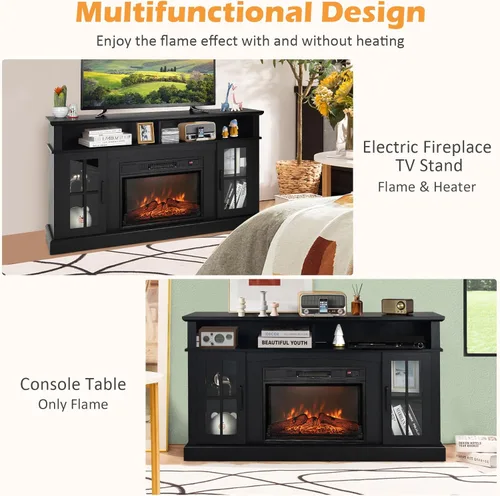 Miniatura 8 de Tangkula Soporte de TV con chimenea para televisores de hasta 65 pulgadas, consola de TV con chimenea eléctrica con control remoto, protección Marrón