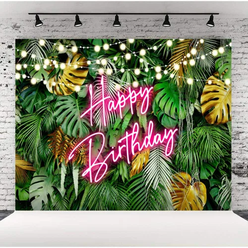 Lofaris Telón de fondo hawaiano tropical Aloha con hojas de palma, feliz cumpleaños, color rosa, neón, hojas verdes selva, fondo para adultos y