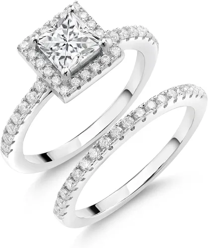 Miniatura 3 de 925 Sterling Silver Halo Bridal Ring Band Set for Women 5MM Princess Cut Gemstone Birthstone with Round White Moissanite Accents Wedding