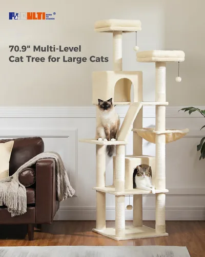 Miniatura 6 de PEQULTI Árbol para gatos de interior de 71 pulgadas con hamaca grande, torre alta para gatos grandes con condominio para 2 gatos, 2 perchas