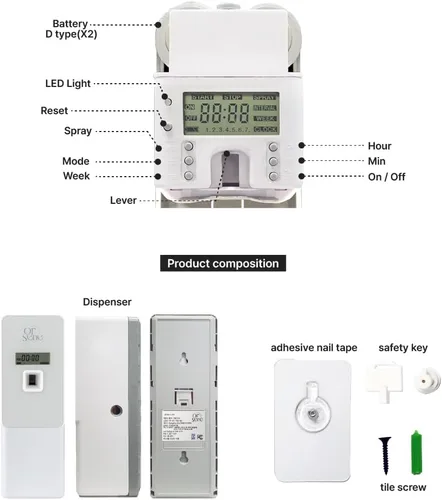 Miniatura 7 de Dispensador automático de fragancias LCD, montaje en pared/ABS de pie, dispensador de ambientador automático programable en aerosol para baño, Gris