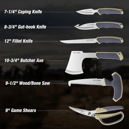Miniatura 2 de Flissa Juego de cuchillos de caza de 10 piezas con cuchillo despellejador y estuche portátil - Para procesamiento de ciervos, camping, pesca Amarillo