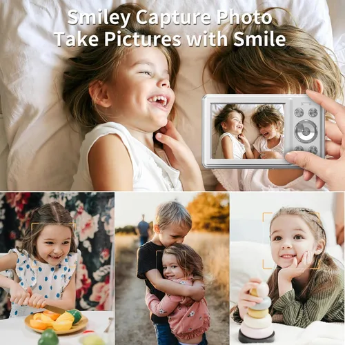 Miniatura 4 de Cámara digital FHD 1080P para niños, cámara digital compacta para niños con tarjeta de memoria de 32 GB, 2 baterías, naranja y blanco