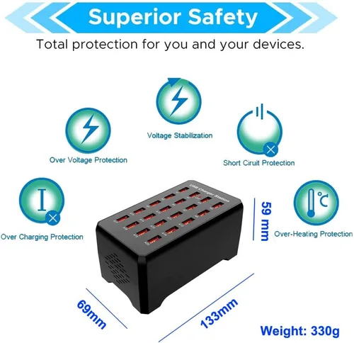 Miniatura 3 de MaxLax Estación de carga USB de 20 puertos, 100 W/20 A, compatible con teléfonos inteligentes, tabletas y otros dispositivos USB