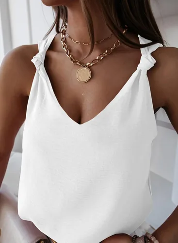 Miniatura 3 de Camisetas sin mangas de moda para mujer, cuello en V, detalle anudado, blusas sin mangas